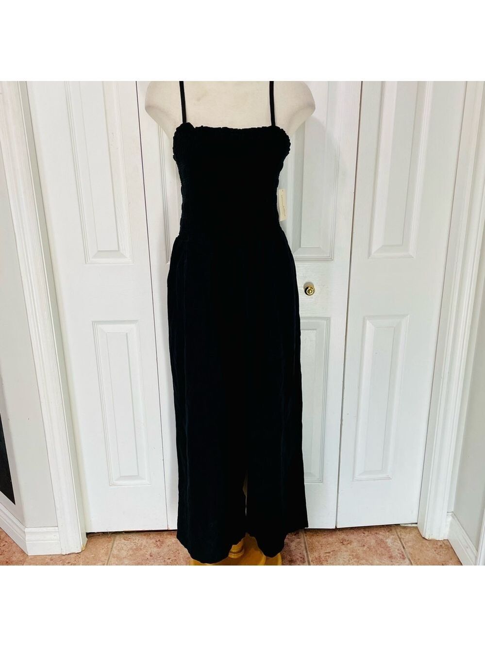 Elegant New Black Smocked Linen Jumpsuit with Empire Waist